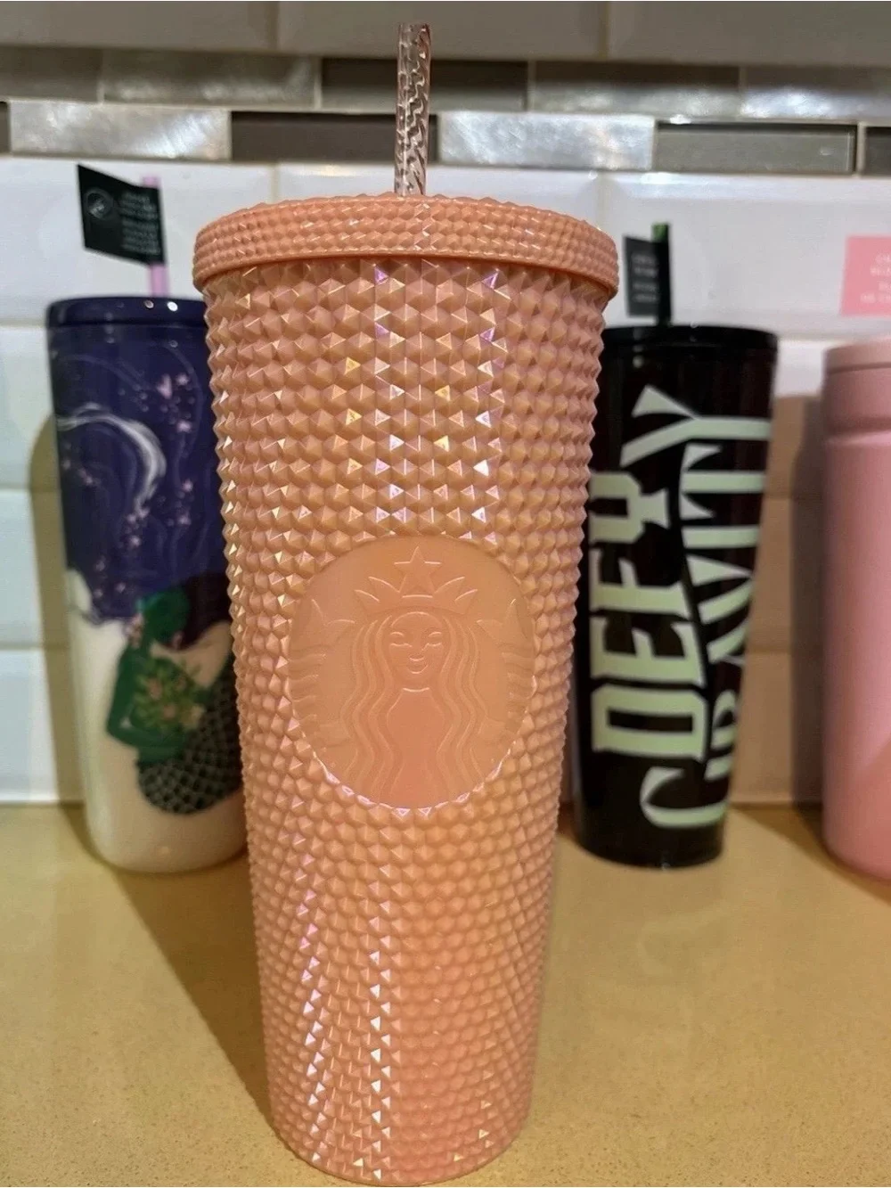 Starbucks 24oz Studded Tumbler Peach Pink Iridescent Venti Cold Cup Straw 2024